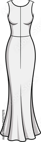 Elegant sleeveless dress technical sketch, scoop neckline, flared floor-length skirt, fashion design, garment construction, cad drawing flat vector illustration