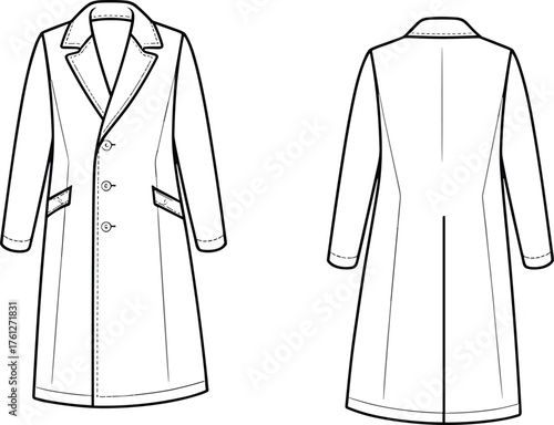 Long coat technical fashion sketch, front and back view, notched lapel, flap pockets, button closure, cad drawing flat vector illustration