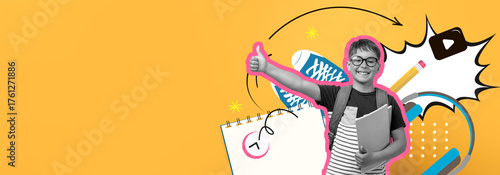 A cheerful student gives a thumbs up, surrounded by colorful school supplies and a bright background. The scene captures the joy of learning and the energy of being in school.