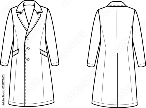 Long coat technical sketch, front and back view, notched lapel, flap pockets, princess seams, cad drawing flat vector illustration