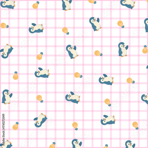Cute Penguin and Light Bulb Pattern on Checkered Background Representing Creative Idea