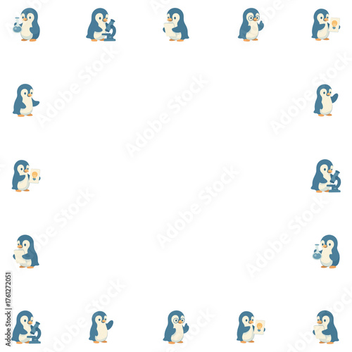 Penguin Research Frame Design with Arctic Characters Holding Science Tools and Idea Elements