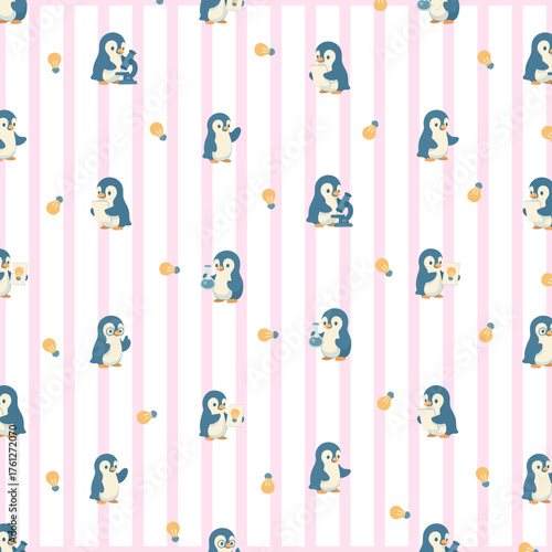 Cute Penguin and Light Bulb Pattern Scattered on Pink Striped Background Illustration