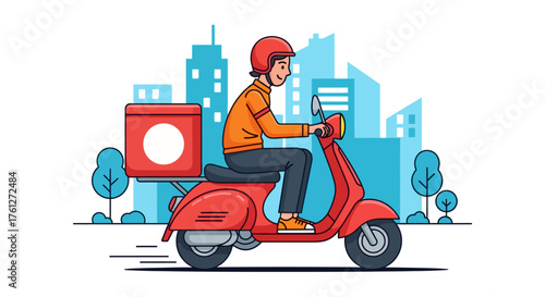 Food Delivery Courier on Scooter Vector Illustration