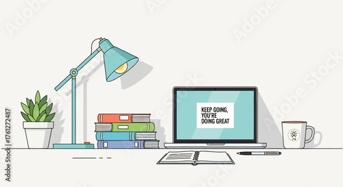 Minimalist Home Office Desk Illustration with Laptop and Lamp