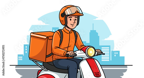 Food Delivery Man Riding Scooter in City Vector