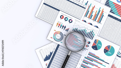 ビジネスデータをプリントした書類と虫メガネ