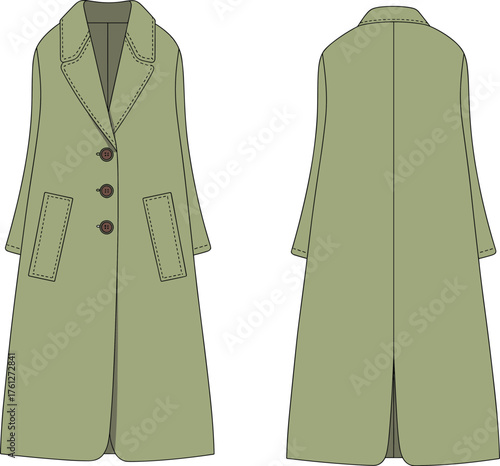 Long overcoat technical fashion sketch, front and back view, olive green coat design, garment construction, cad drawing flat vector illustration
