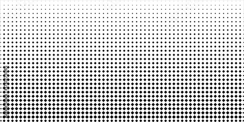 Halftone gradient texture background. Diamond dot faded gradation wallpaper. Black and white squared pixels. Abstract vanishing comic pop art backdrop. Vector repeating raster effect halftone overlay.