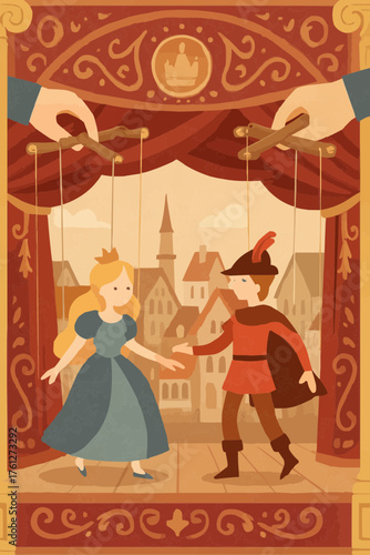 Flat vector of European marionette show with ornate backdrop