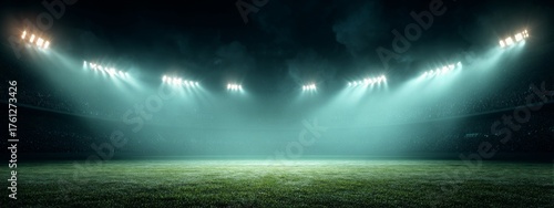 Fresh green lawn on football stadium with neon lights illumination
