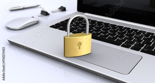 南京錠とノートパソコン、パソコンのセキュリティイメージ