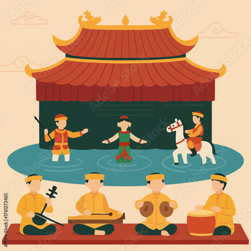 Flat vector of Vietnamese water puppetry with musicians and pond