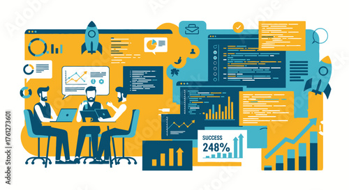 Team of developers working on a project with charts and graphs.