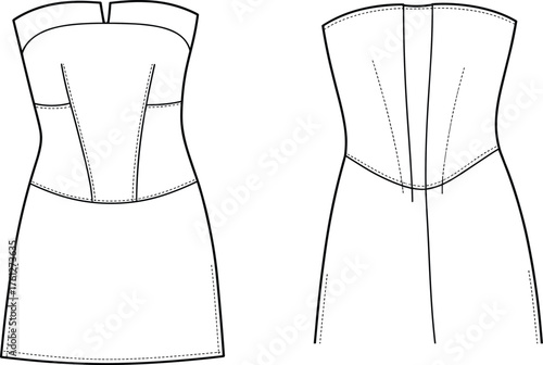 Strapless dress technical sketch, front and back view, princess seams, fashion design, garment construction, cad drawing flat vector illustration