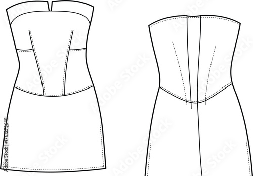 Strapless dress technical fashion sketch, sweetheart neckline, princess seam, flared skirt, garment construction, cad drawing flat vector illustration
