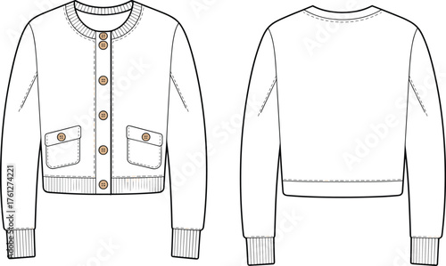 Women's cardigan sweater technical sketch, front and back view, button-down design, ribbed cuffs, patch pockets, garment construction, cad drawing flat vector illustration