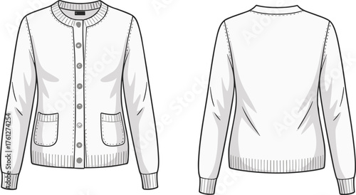 Women's cardigan sweater technical sketch, front and back view, button-down design, ribbed cuffs, patch pockets, garment flat drawing, cad drawing flat vector illustration