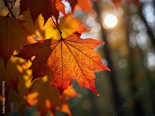 A vibrant orange and red maple leaf illuminated by the golden autumn sun in a peaceful, blurry forest.
