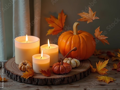A cozy autumn arrangement with lit candles, pumpkins, and falling maple leaves on a rustic wooden slice.