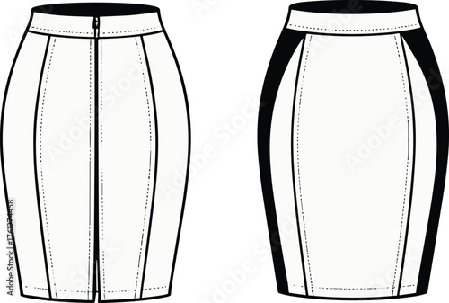 Women's pencil skirt technical sketch, front and back view, seam detail, side panels, slit hem, garment construction, cad drawing flat vector illustration