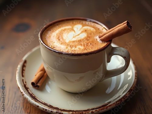 A steaming cup of frothy latte art coffee adorned with a delicate heart design, garnished with two cinnamon sticks, resting on a saucer.