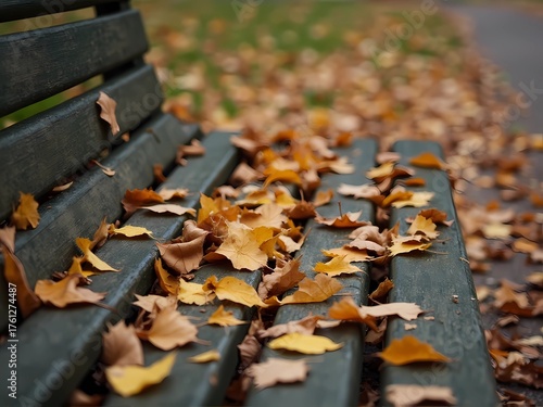 A wooden park bench covered in a vibrant carpet of scattered yellow and orange autumn leaves.