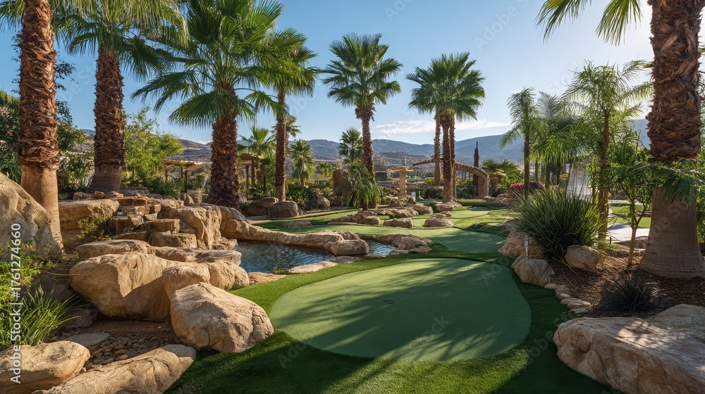 Fototapeta premium luxury backyard putting green oasis palm trees landscaping design resort style miniature golf course outdoor recreation area beautiful sunny day fun 