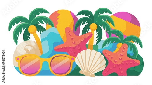 A colorful illustration of summer-themed elements with sunglasses and starfish.