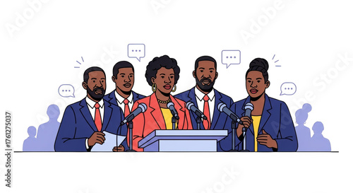 Diverse Group at Press Conference. style inspiration illustration concept design creative background style inspiration