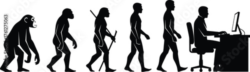 Silhouettes Depicting Human Evolution from Primate to Computer User, Calm Mood, One-Panel Anthropological and Technology Vector Scene