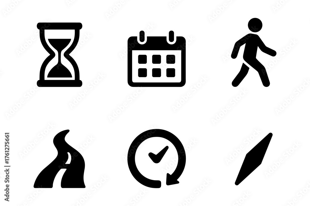 Fototapeta premium Productivity and time management silhouette icons ,hourglass, calendar, walking, checklist