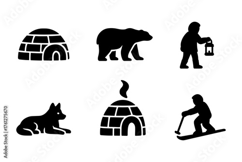 Arctic exploration silhouette icons , igloo, polar bear, sled dog, skier, lantern