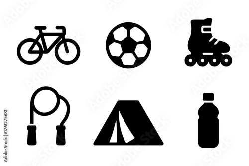 Outdoor and camping silhouette icons ,bicycle, ball, tent, bottle, jump rope, roller skates