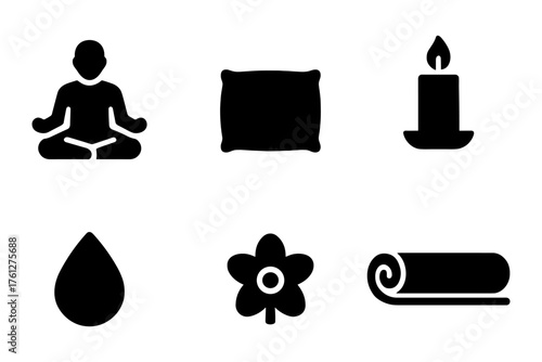 Yoga and relaxation silhouette icons , meditation, candle, pillow, water drop, flower, mat