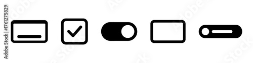 UI toggle elements silhouette icons – switch, checkbox, slider, bar, button