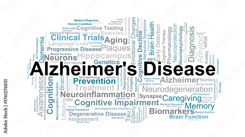 Fototapeta premium Alzheimer's Disease Word Cloud. Key Concepts On Brain Function, Memory Loss, Cognitive Decline, Neurodegeneration, And Care In Progressive Dementia.