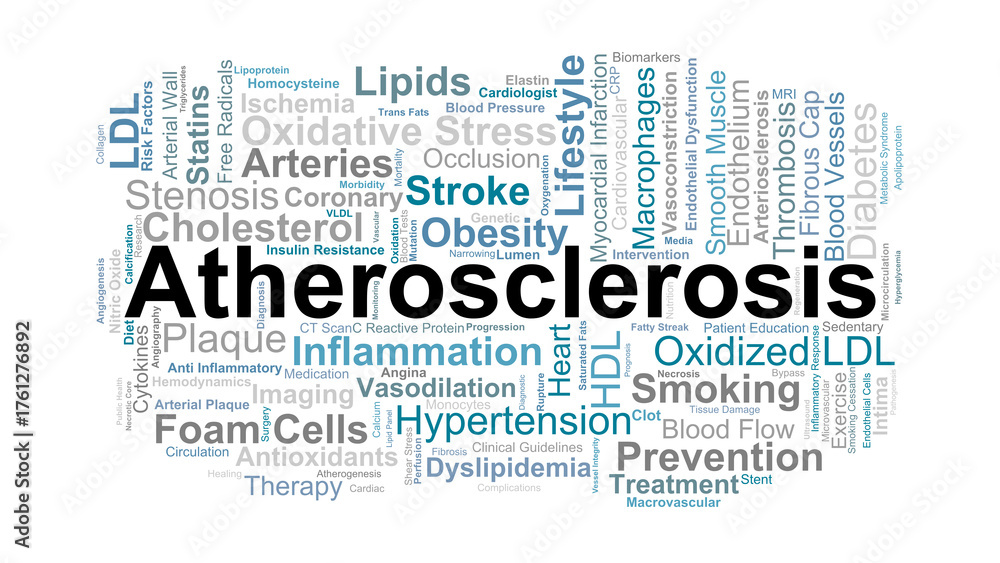 Fototapeta premium Atherosclerosis Word Cloud. Key Terms On Arterial Plaque, Lipid Accumulation, Inflammation, Cardiovascular Disease, And Risk Factors Affecting Blood Flow.