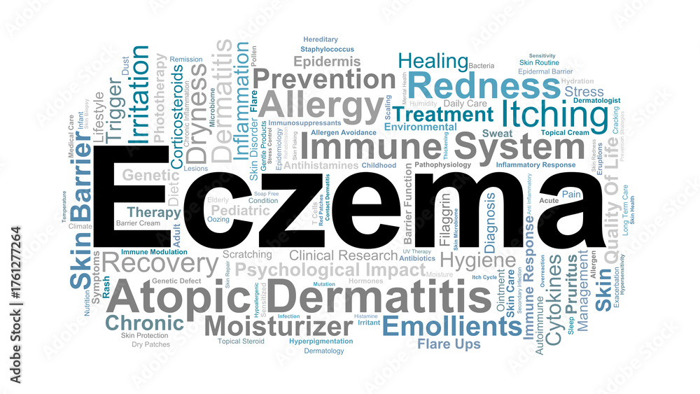 Fototapeta premium Eczema Word Cloud. Key Concepts On Atopic Dermatitis, Skin Inflammation, Chronic Itch, Allergic Triggers, Immune Response, And Treatment Approaches.