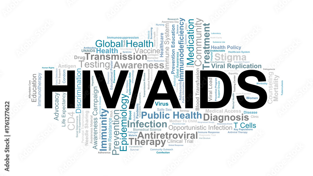 Fototapeta premium HIV AIDS Word Cloud. Key Terms About Infection, Immunity, Prevention, And Global Health.