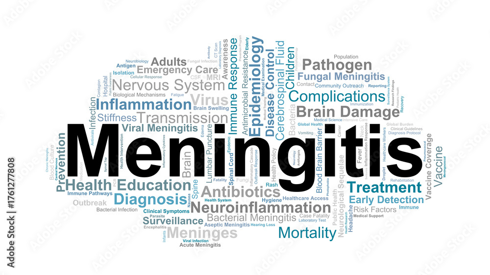 Fototapeta premium Meningitis Word Cloud. Key Medical Terms On Brain Inflammation, Infection, Immunity, Treatment, And Global Health Prevention Strategies.