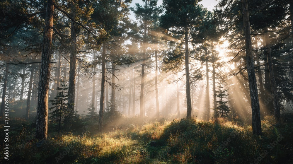 Fototapeta premium sunbeams piercing through foggy pine forest at sunrise in a tranquil natural landscape