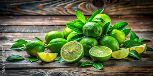 A vibrant pile of fresh limes, nestled amongst their lush green leaves, rests on a rustic wooden surface, showcasing their zesty citrus appeal