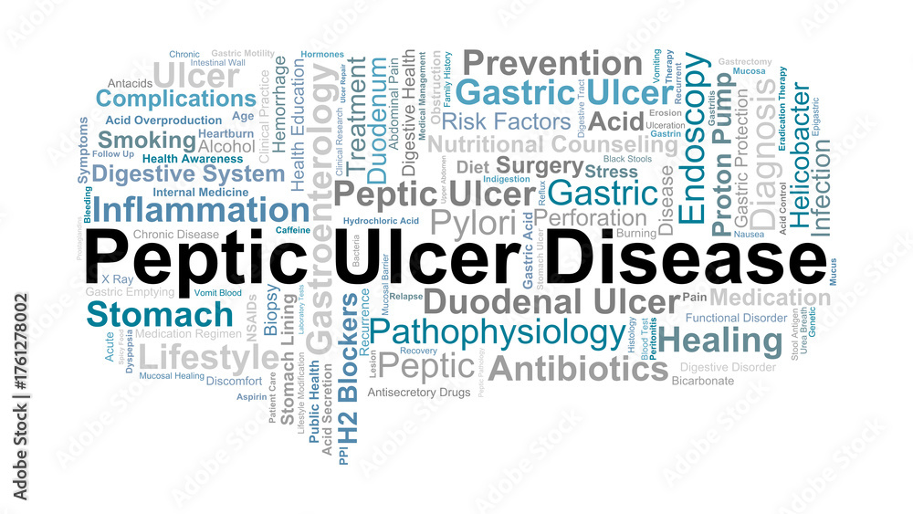 Fototapeta premium Peptic Ulcer Disease Word Cloud. Key Medical Concepts On Stomach Ulcers, Gastric Acid, Infection, Inflammation, And Digestive System Disorders.
