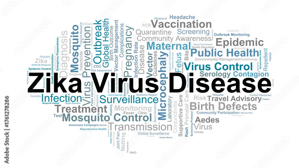 Fototapeta premium Zika Virus Disease Word Cloud. Key Terms On Mosquito Transmission, Maternal Risk, Birth Defects, Symptoms, Prevention, Control, And Global Health Awareness.