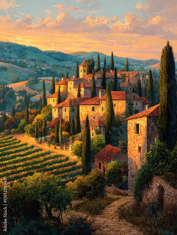 Obraz premium tuscan hillside village exclusive estate at sunset warm golden light illuminates stone villa vineyard rows cypress trees rolling hills landscape