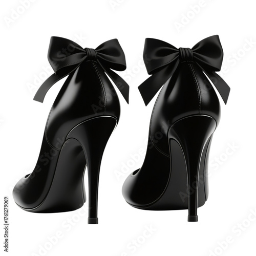 Elegant black high heels with glossy finish and bow detail isolated on white background
