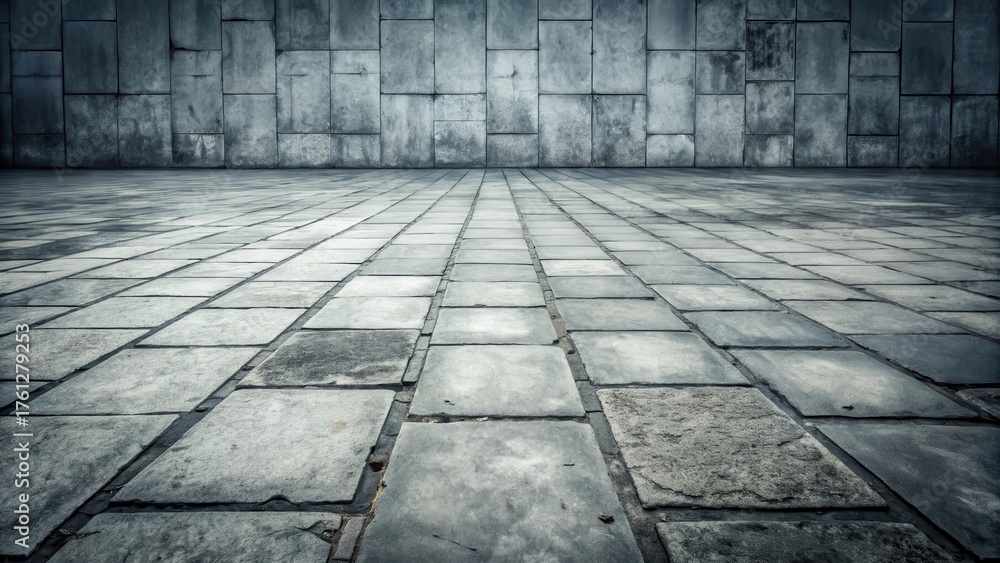 Fototapeta premium A Perspective View of a Stone-paved Ground Leading to a Weathered Stone Wall Background