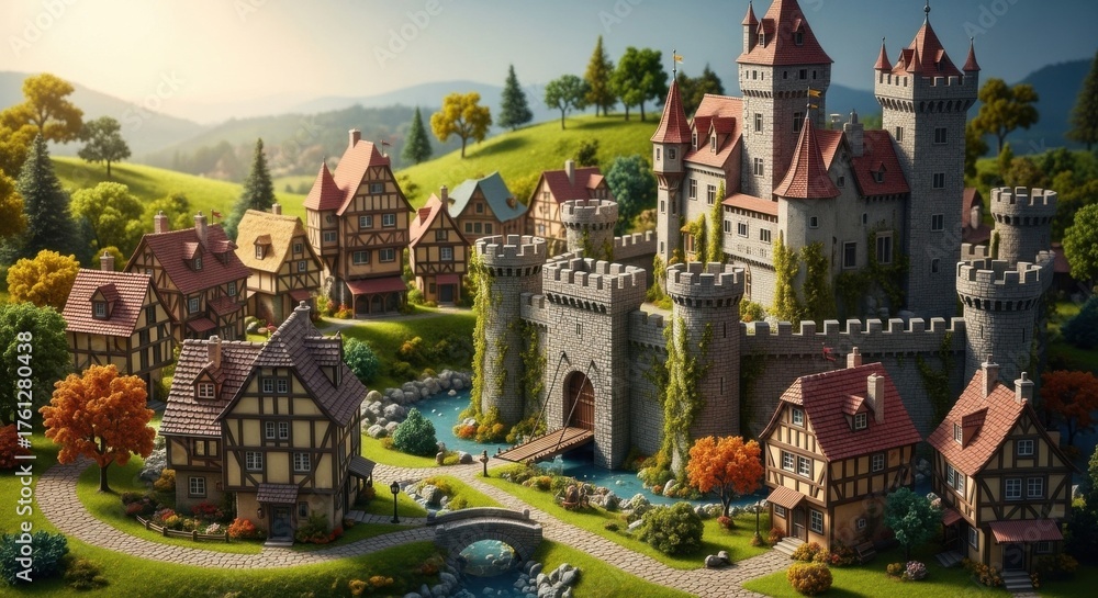 Fototapeta premium Miniature Fairy Tale Castle with Surrounding Village in Lush Green Landscape