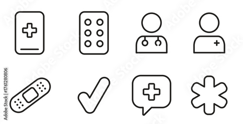 Hospital Icon Set, doctor, checkmark, speech bubble, medicine, phone plus, bandaid, medical icons
